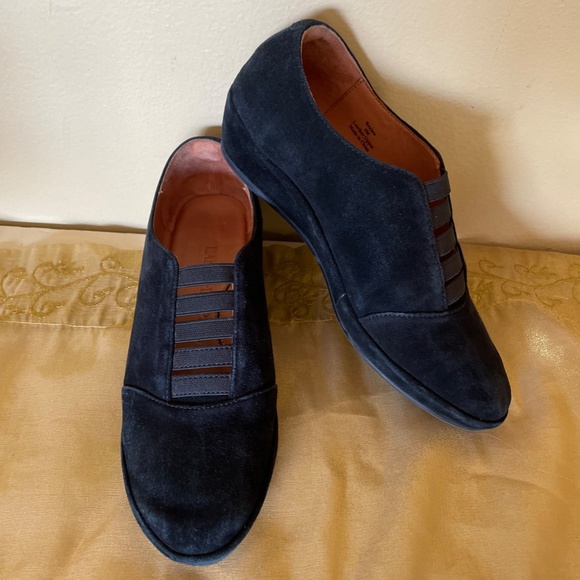 L'Amour “Beziers” Black Leather Suede Suede Slip on Low Wedge Shoes - Picture 1 of 13